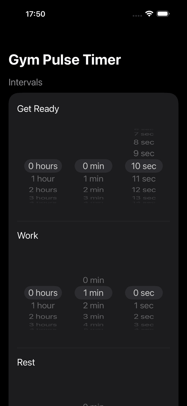GymPulseTimer iPhone — Tabata 20/10 preset configured with eight rounds