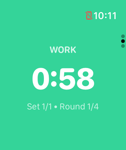 GymPulseTimer running on Apple Watch — Work phase with green countdown ring
