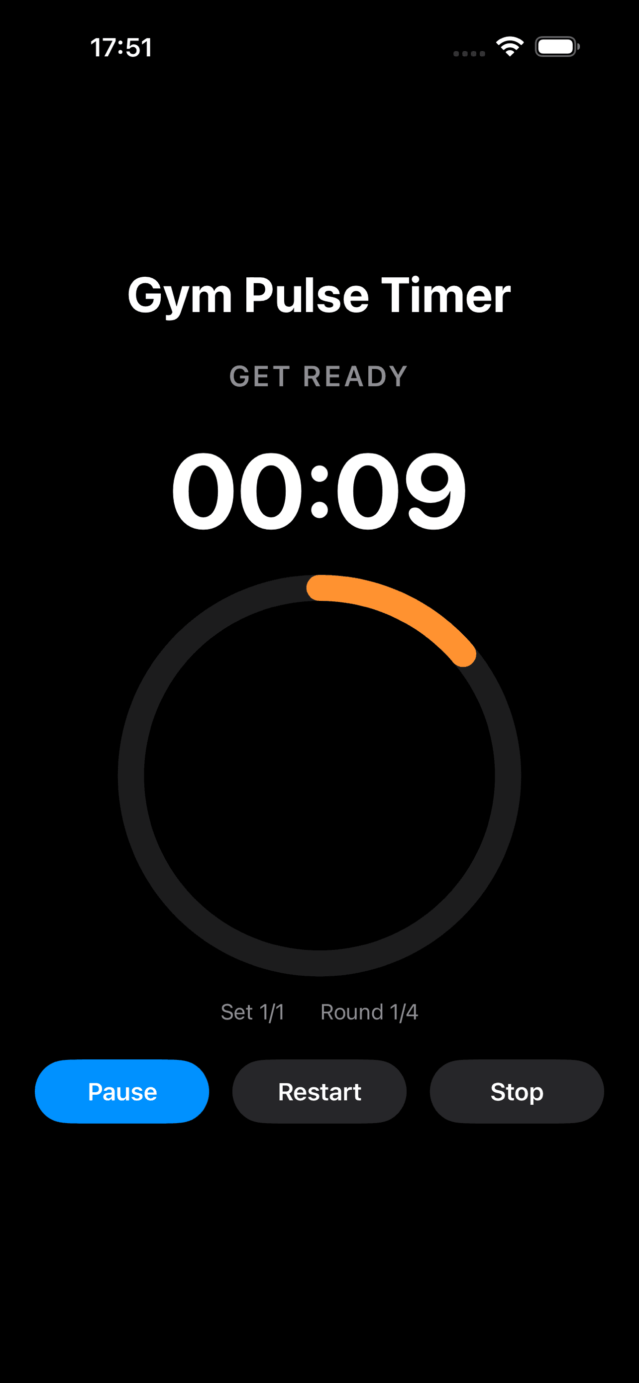 Get Ready phase with orange countdown ring before workout begins