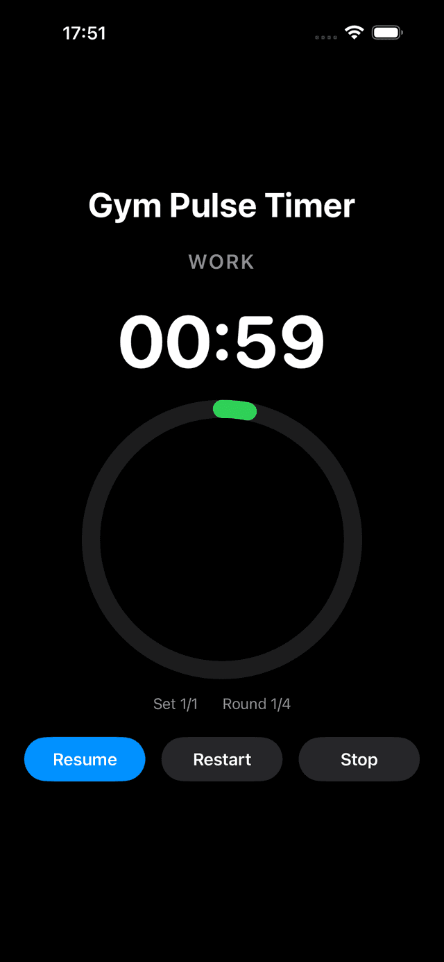 GymPulseTimer iPhone — paused mid-Work with phase, remaining time, and round count visible