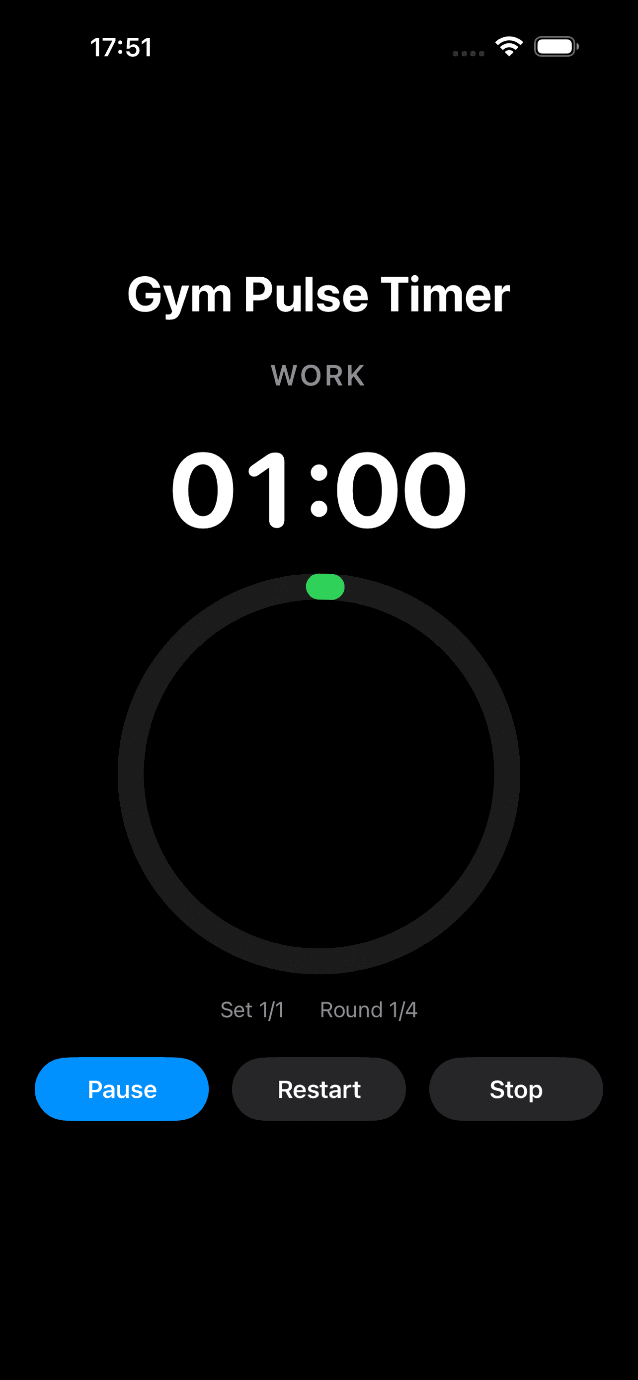 GymPulseTimer work phase showing green timer ring counting down