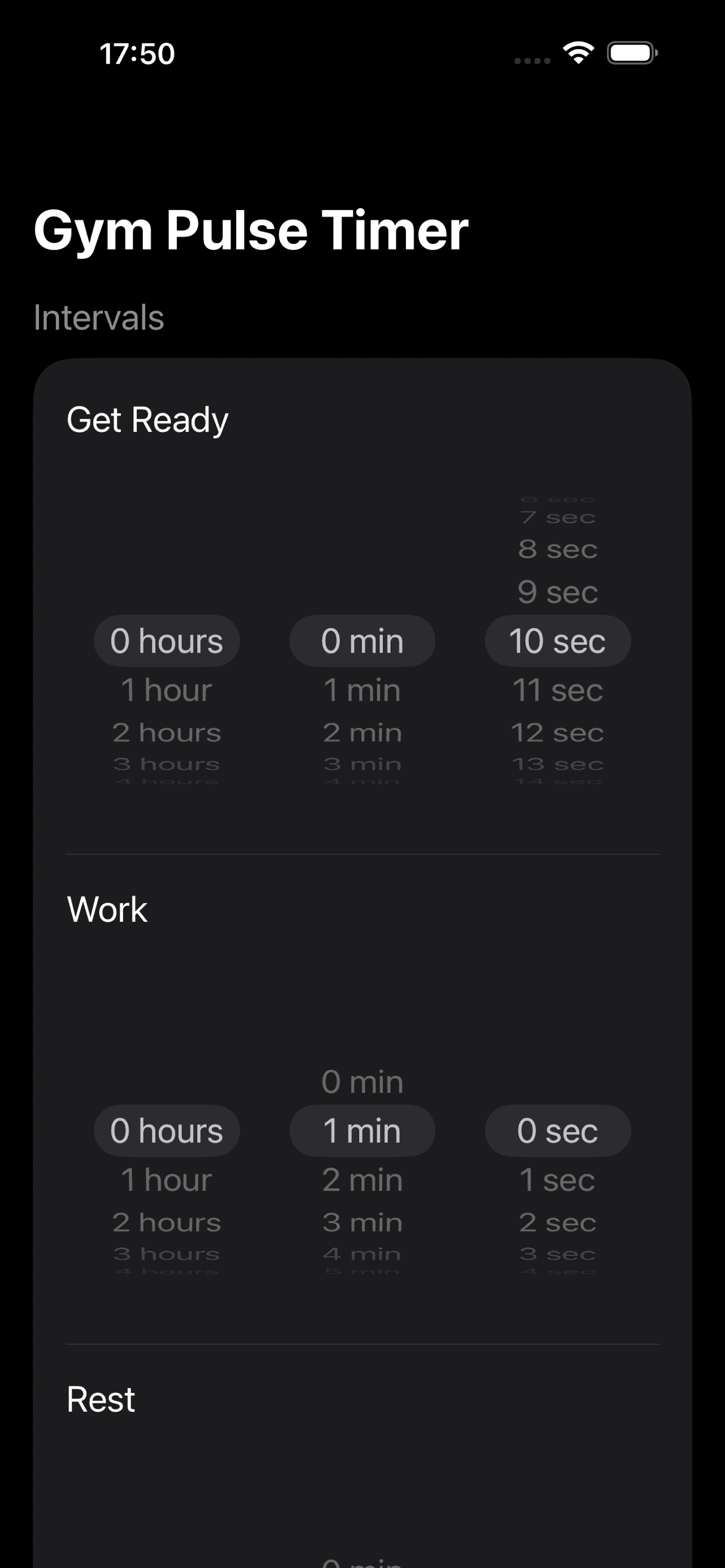 Interval setup screen with wheel pickers for configuring timer phases